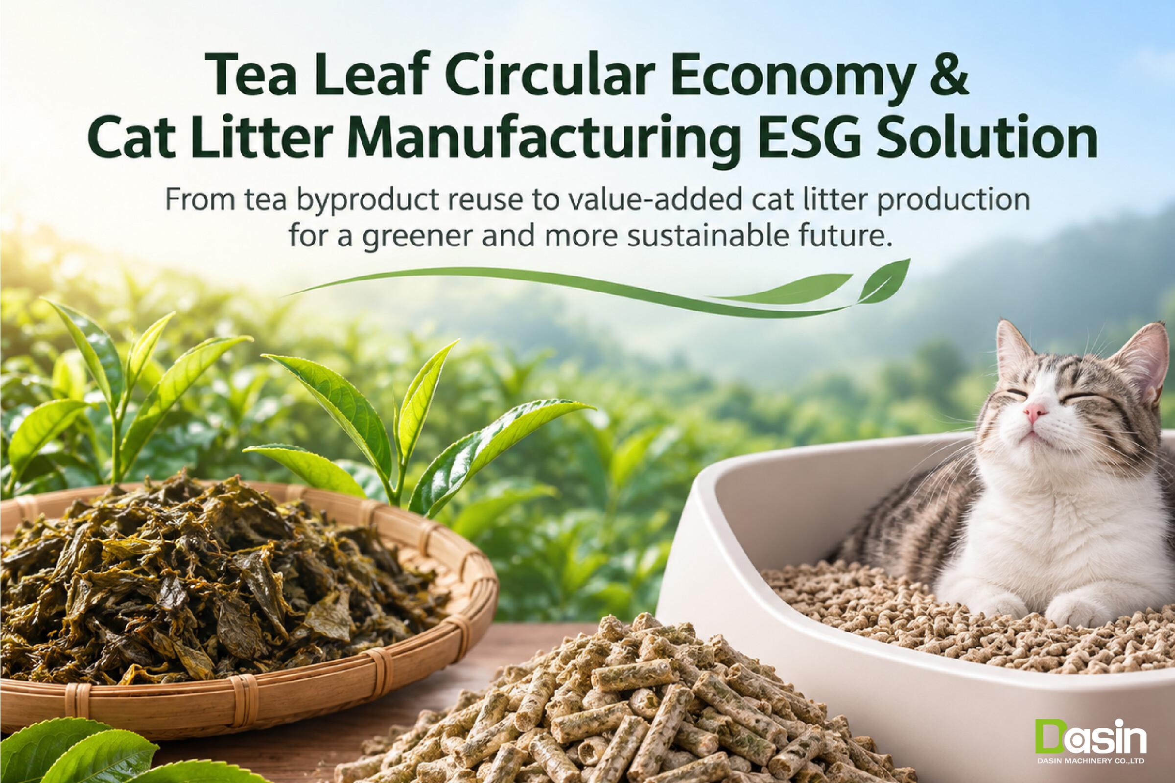 Tea By-product Recycling, Used Tea Leaf Recycling, Tea Waste Utilization, Circular Economy, Circular Economy Equipment, Cat Litter Manufacturing Equipment, ESG Solutions